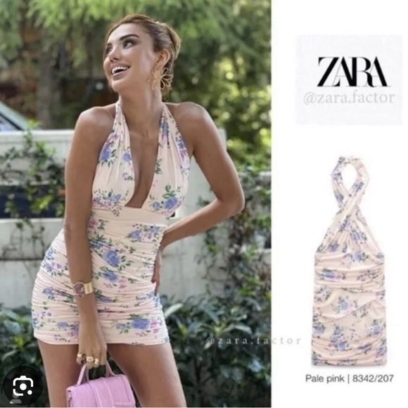 Zara pink floral print dress mini halter tied collar BLOGGERS FAVORITE!! NEW - Picture 1 of 12